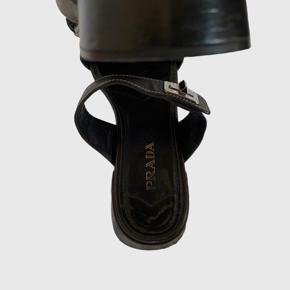 VINTAGE BLACK PRADA SLIP ON SLIDES LEATHER SANDALS WITH SILVER BUCKLE - Picture 13 of 16